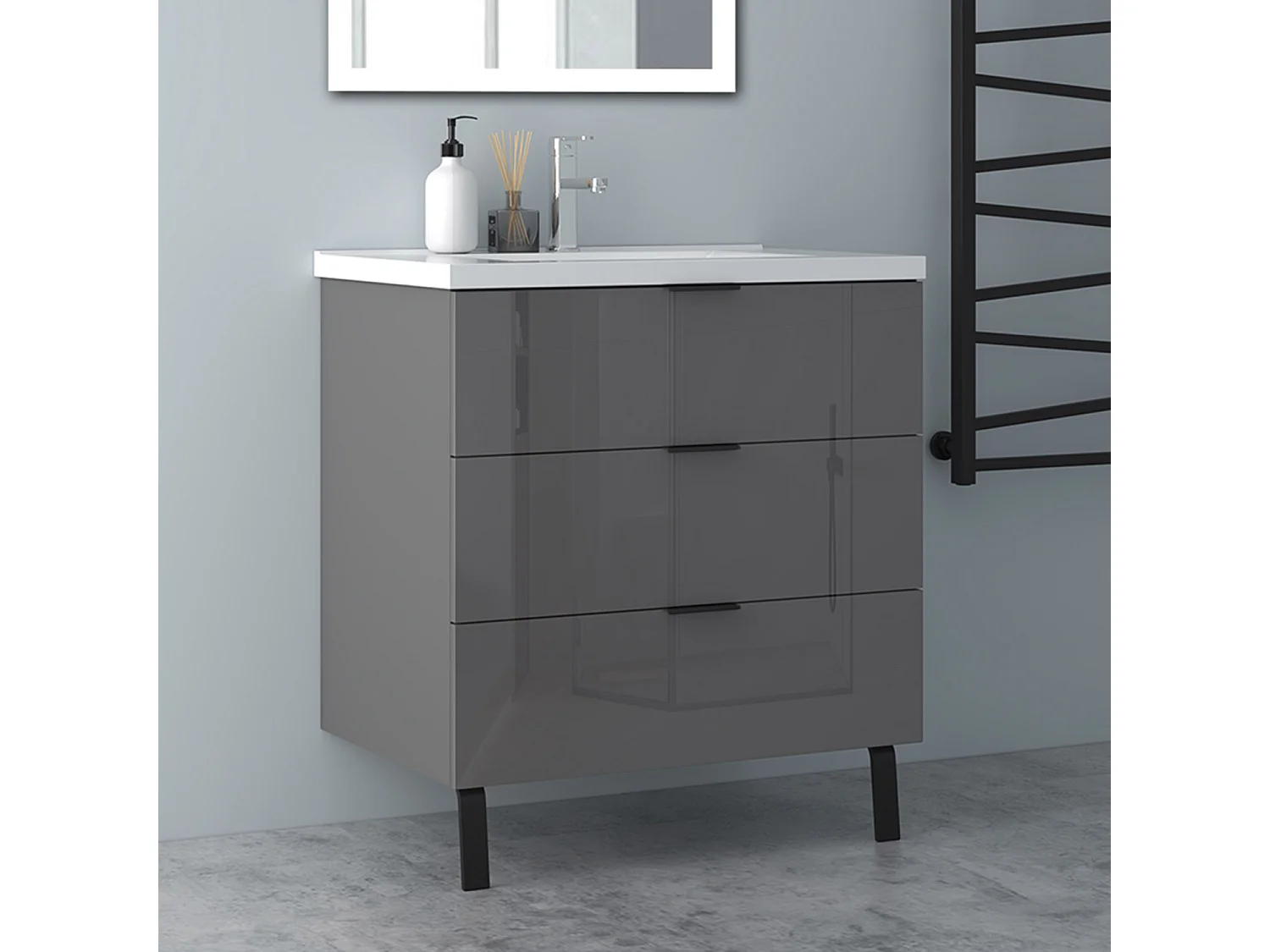 AICA Badmöbel 80cm Keramik Waschbecken mit Unterschrank - 3 Schubladen und 2 Füßen - Hochglanz Dunkelgrau Hängeschrank