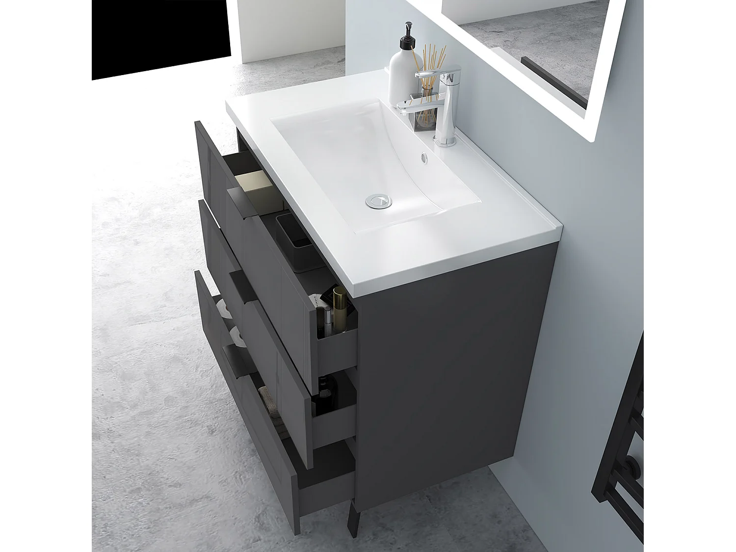 AICA Badmöbel 80cm Keramik Waschbecken mit Unterschrank - 3 Schubladen und 2 Füßen - Hochglanz Dunkelgrau Hängeschrank