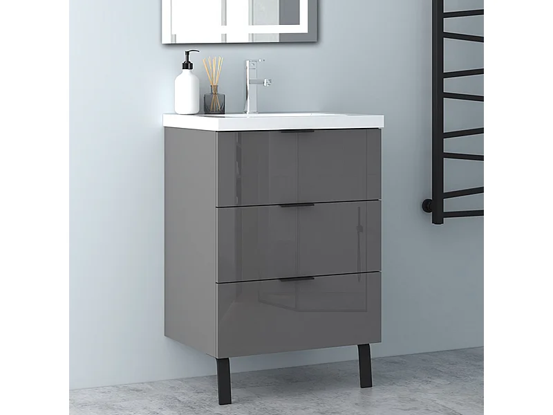 AICA Badmöbel 60cm Mineralguss Waschbecken mit Unterschrank - 3 Schubladen und 2 Füßen - Hochglanz Dunkelgrau Hängeschrank