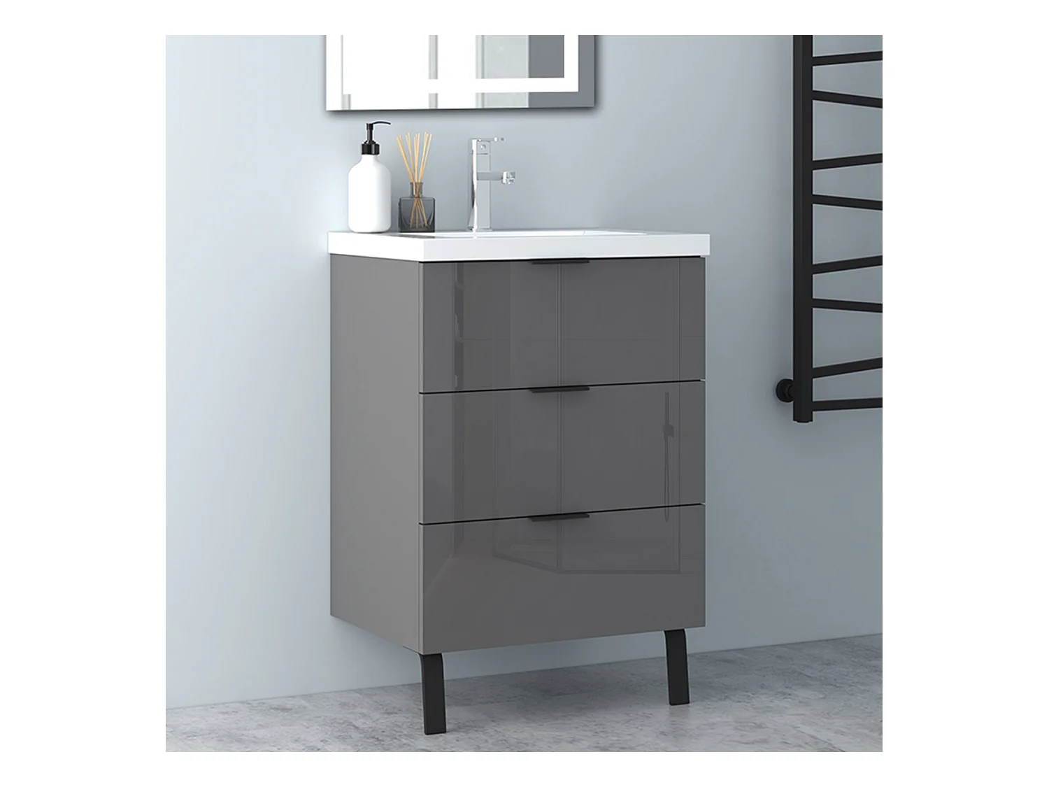 AICA Badmöbel 60cm Mineralguss Waschbecken mit Unterschrank - 3 Schubladen und 2 Füßen - Hochglanz Dunkelgrau Hängeschrank