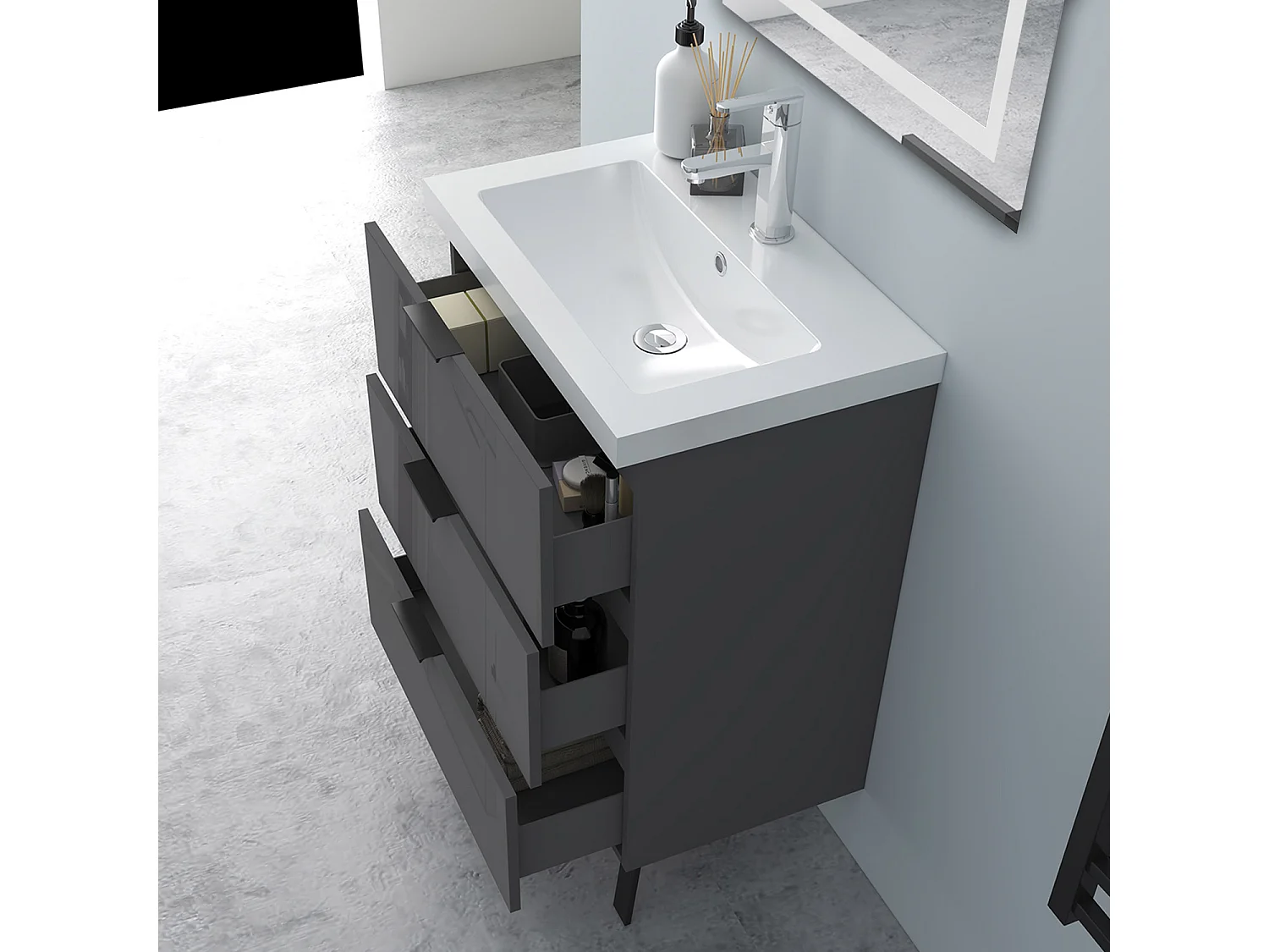 AICA Badmöbel 60cm Mineralguss Waschbecken mit Unterschrank - 3 Schubladen und 2 Füßen - Hochglanz Dunkelgrau Hängeschrank