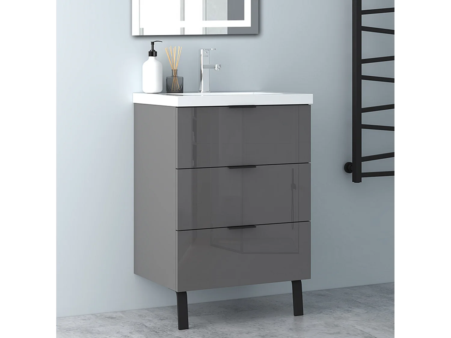 AICA Badmöbel 60cm Mineralguss Waschbecken mit Unterschrank - 3 Schubladen und 2 Füßen - Hochglanz Dunkelgrau Hängeschrank