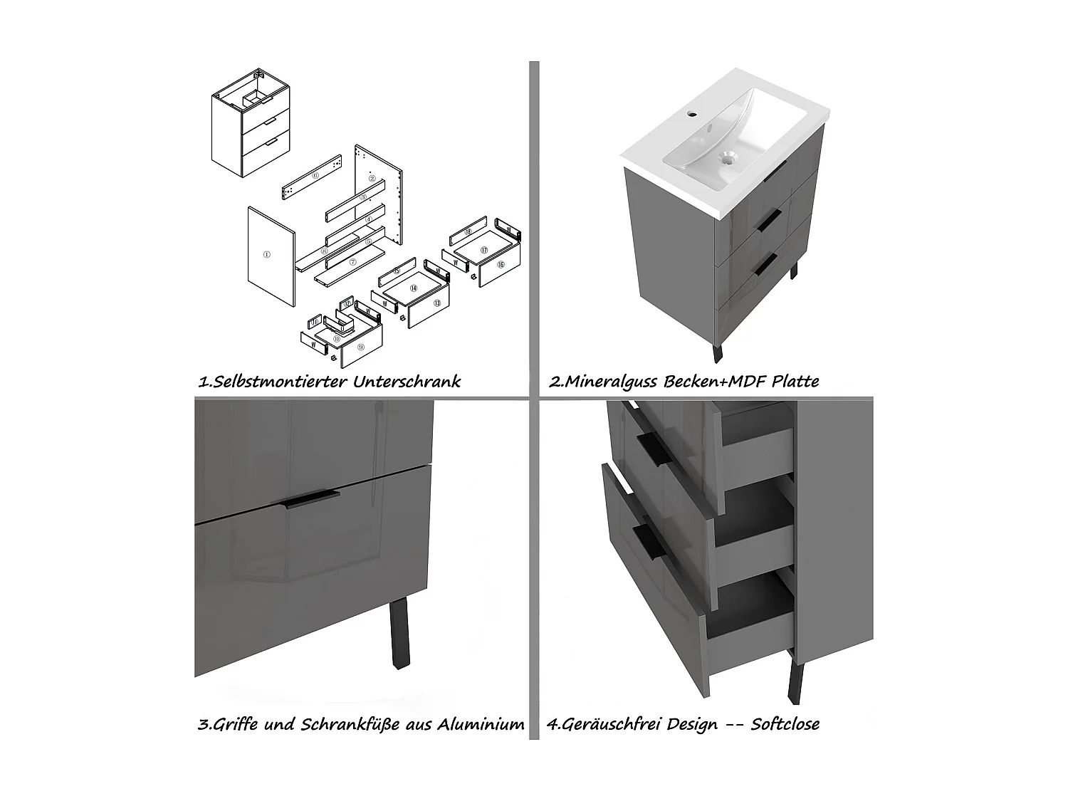 AICA Badmöbel 60cm Mineralguss Waschbecken mit Unterschrank - 3 Schubladen und 2 Füßen - Hochglanz Dunkelgrau Hängeschrank