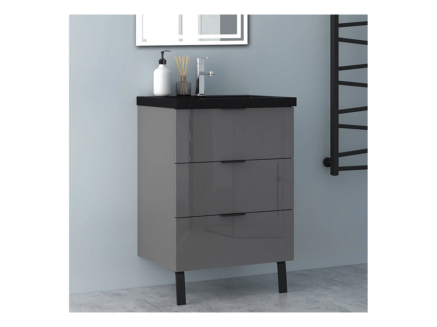 AICA Badmöbel 60cm Schwarz Mineralguss Waschbecken mit Unterschrank - 3 Schubladen und 2 Füßen - Hochglanz Dunkelgrau Hängeschrank