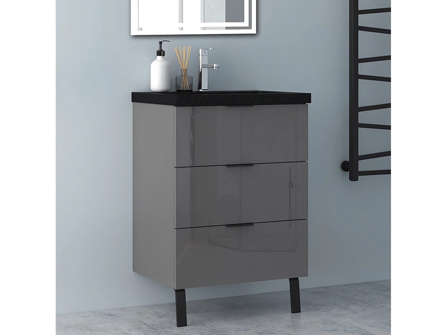 AICA Badmöbel 60cm Schwarz Mineralguss Waschbecken mit Unterschrank - 3 Schubladen und 2 Füßen - Hochglanz Dunkelgrau Hängeschrank