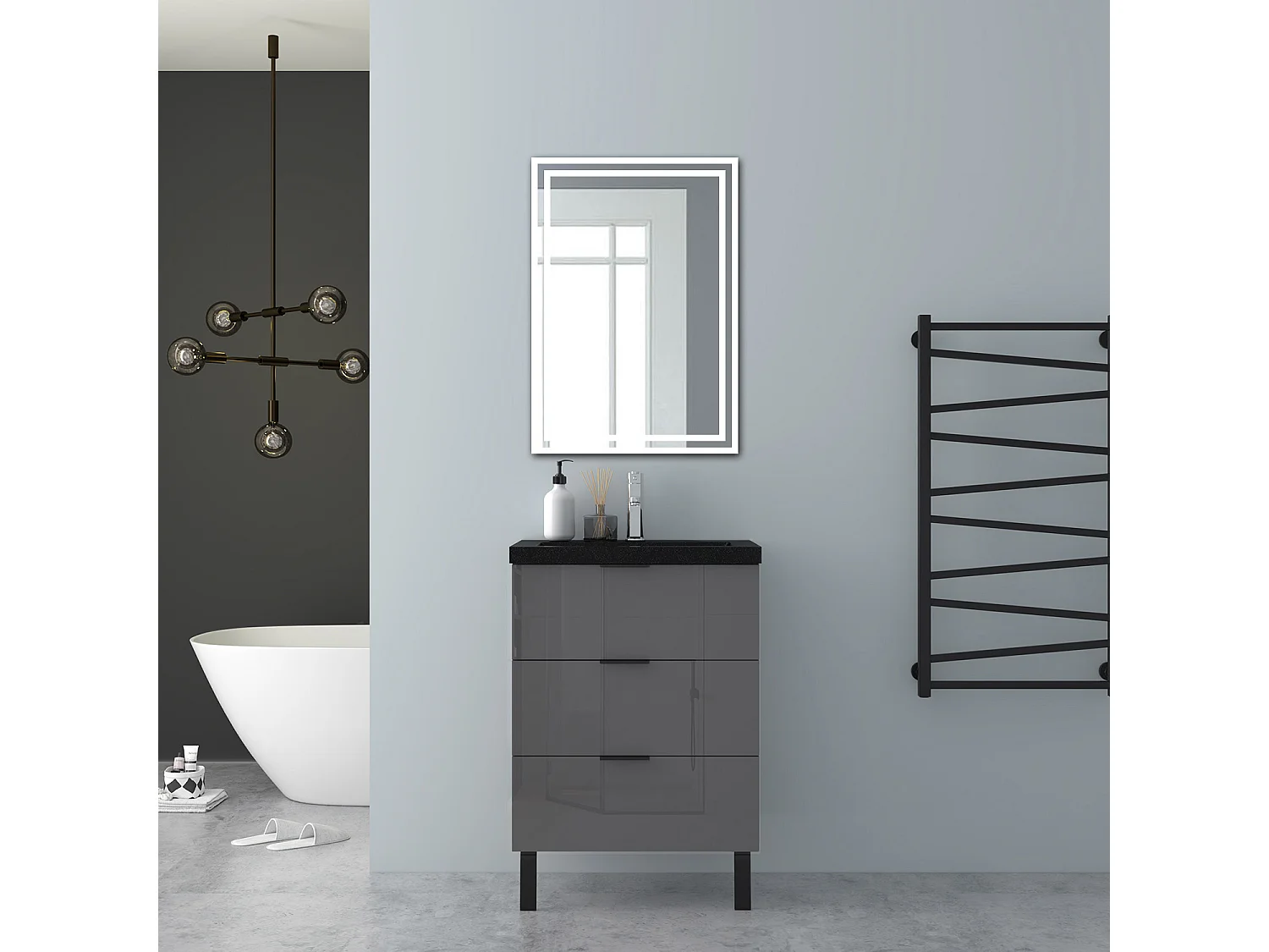 AICA Badmöbel 60cm Schwarz Mineralguss Waschbecken mit Unterschrank - 3 Schubladen und 2 Füßen - Hochglanz Dunkelgrau Hängeschrank