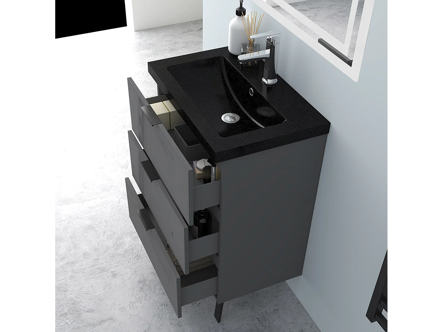 AICA Badmöbel 60cm Schwarz Mineralguss Waschbecken mit Unterschrank - 3 Schubladen und 2 Füßen - Hochglanz Dunkelgrau Hängeschrank