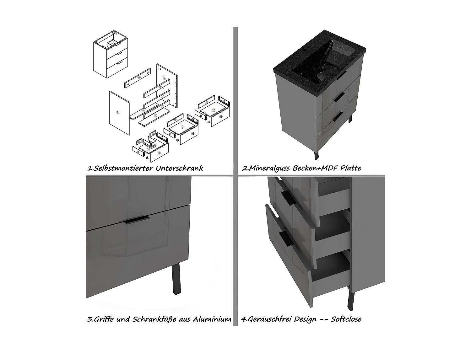 AICA Badmöbel 60cm Schwarz Mineralguss Waschbecken mit Unterschrank - 3 Schubladen und 2 Füßen - Hochglanz Dunkelgrau Hängeschrank
