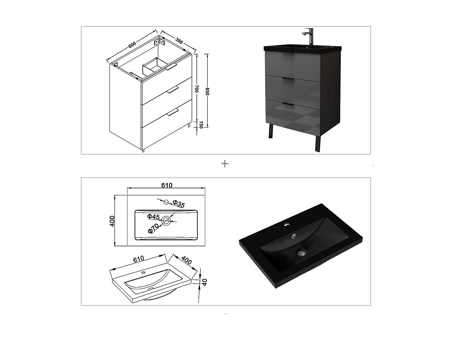 AICA Badmöbel 60cm Schwarz Mineralguss Waschbecken mit Unterschrank - 3 Schubladen und 2 Füßen - Hochglanz Dunkelgrau Hängeschrank