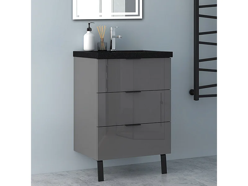 AICA Badmöbel 60cm Schwarz Mineralguss Waschbecken mit Unterschrank - 3 Schubladen und 2 Füßen - Hochglanz Dunkelgrau Hängeschrank