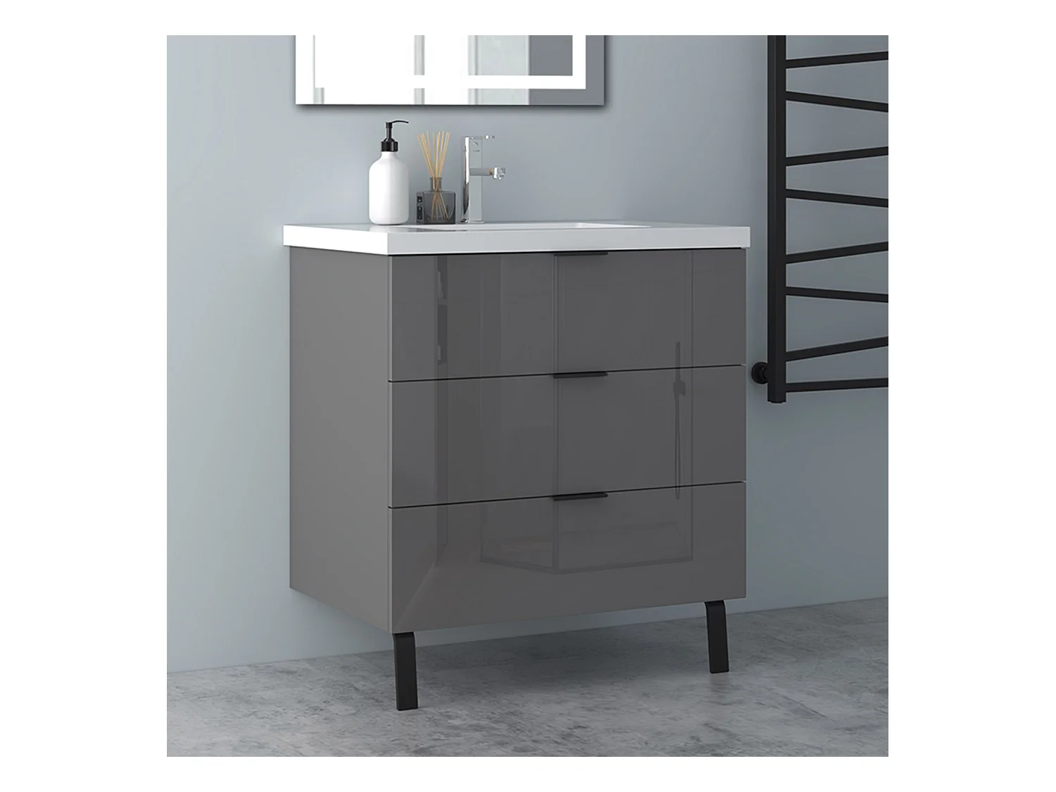 AICA Badmöbel 80cm Mineralguss Waschbecken mit Unterschrank - 3 Schubladen und 2 Füßen - Hochglanz Dunkelgrau Hängeschrank