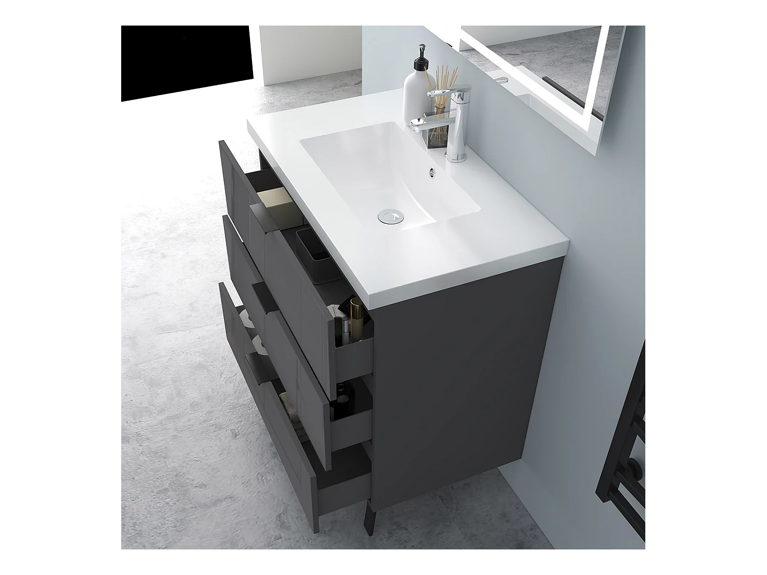 AICA Badmöbel 80cm Mineralguss Waschbecken mit Unterschrank - 3 Schubladen und 2 Füßen - Hochglanz Dunkelgrau Hängeschrank