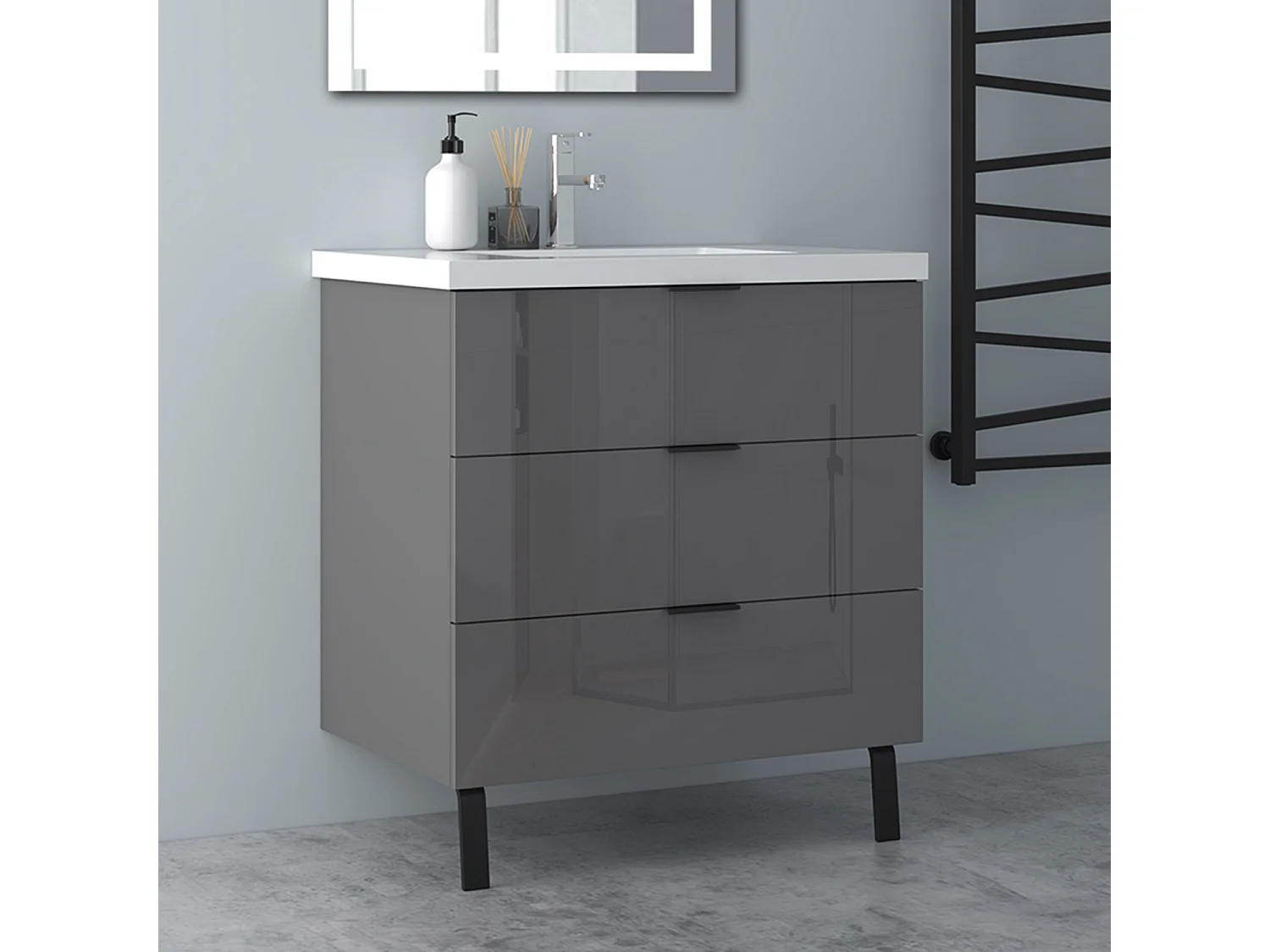 AICA Badmöbel 80cm Mineralguss Waschbecken mit Unterschrank - 3 Schubladen und 2 Füßen - Hochglanz Dunkelgrau Hängeschrank