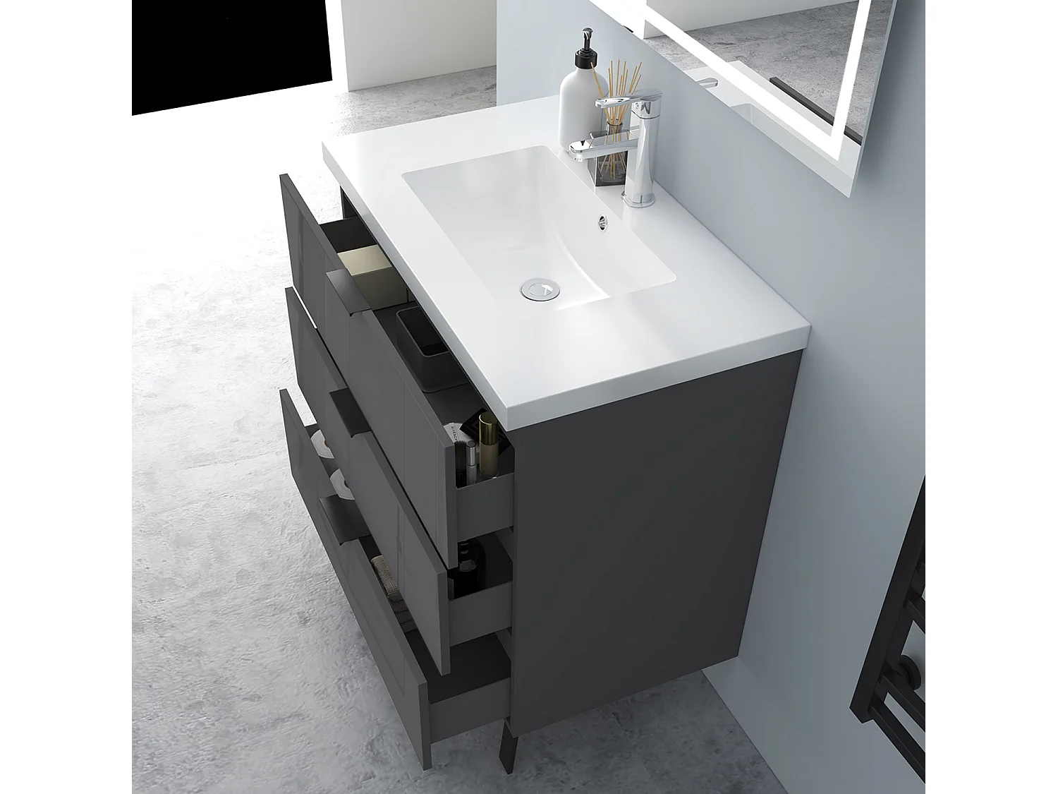 AICA Badmöbel 80cm Mineralguss Waschbecken mit Unterschrank - 3 Schubladen und 2 Füßen - Hochglanz Dunkelgrau Hängeschrank