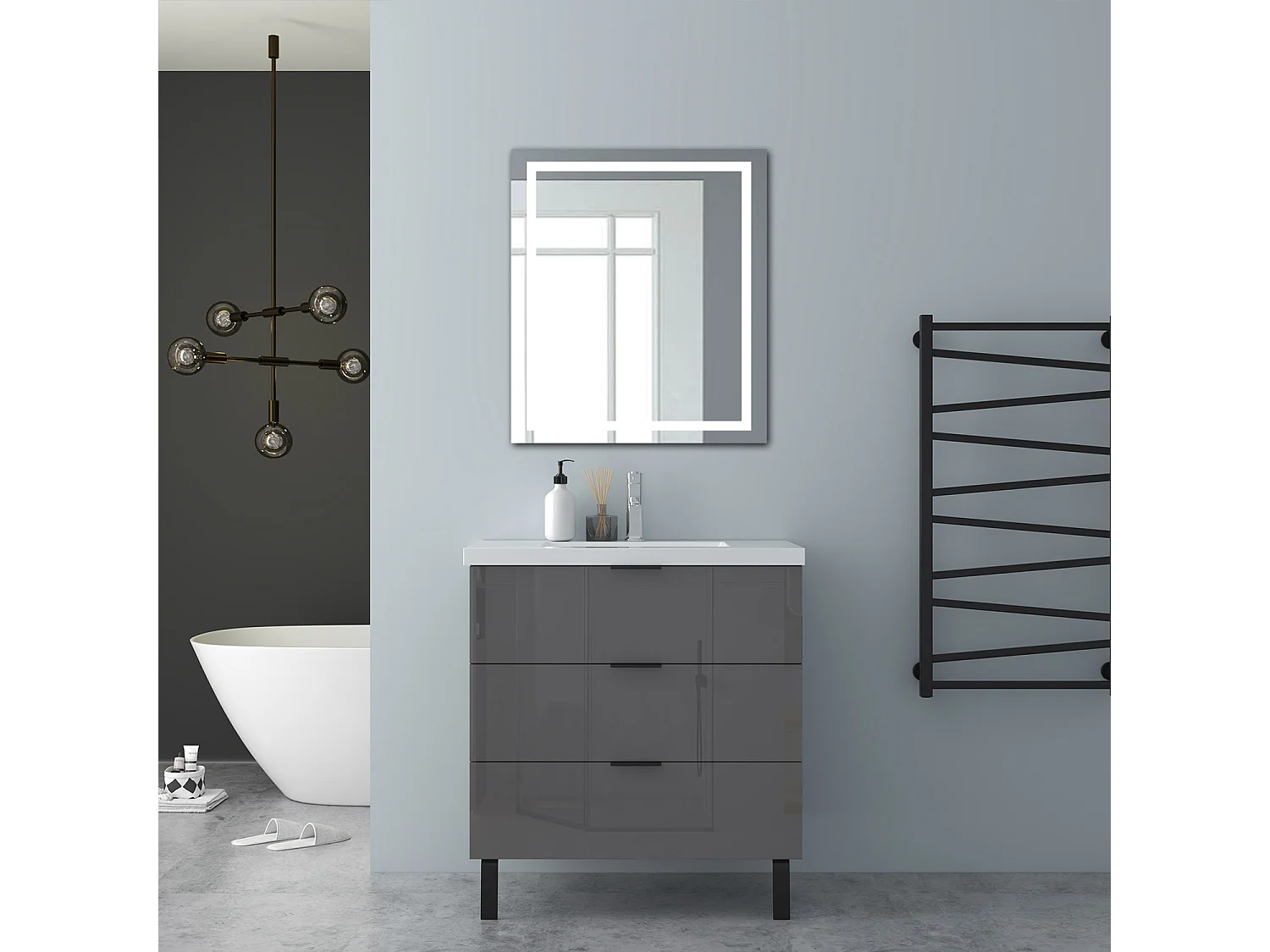 AICA Badmöbel 80cm Mineralguss Waschbecken mit Unterschrank - 3 Schubladen und 2 Füßen - Hochglanz Dunkelgrau Hängeschrank