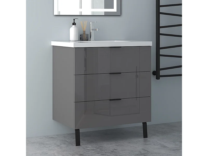 AICA Badmöbel 80cm Mineralguss Waschbecken mit Unterschrank - 3 Schubladen und 2 Füßen - Hochglanz Dunkelgrau Hängeschrank