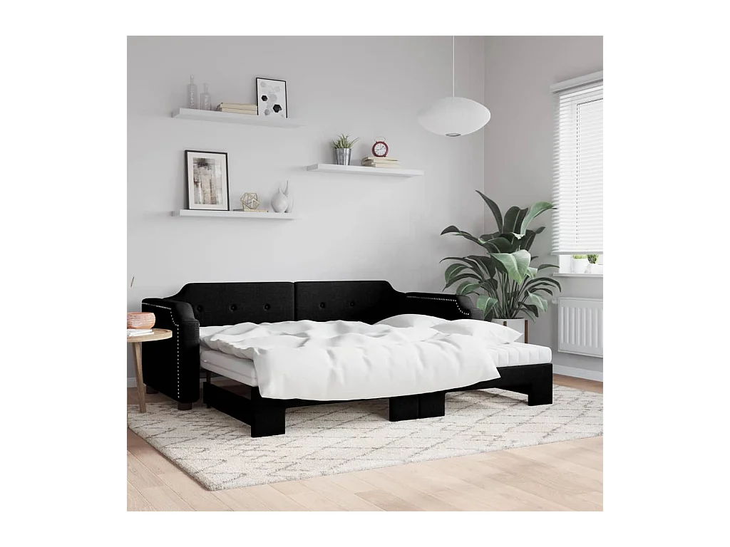 Lit de jour avec gigogne et matelas noir 90x190 cm tissu