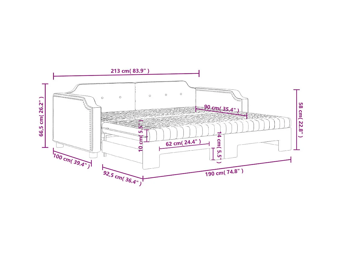 Lit de jour avec gigogne et matelas noir 90x190 cm tissu