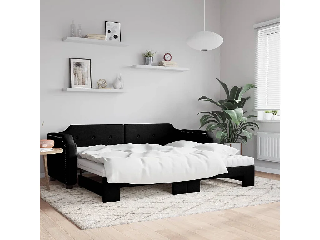 Tagesbett Ausziehbar mit Matratzen Schwarz 90x190 cm Stoff
