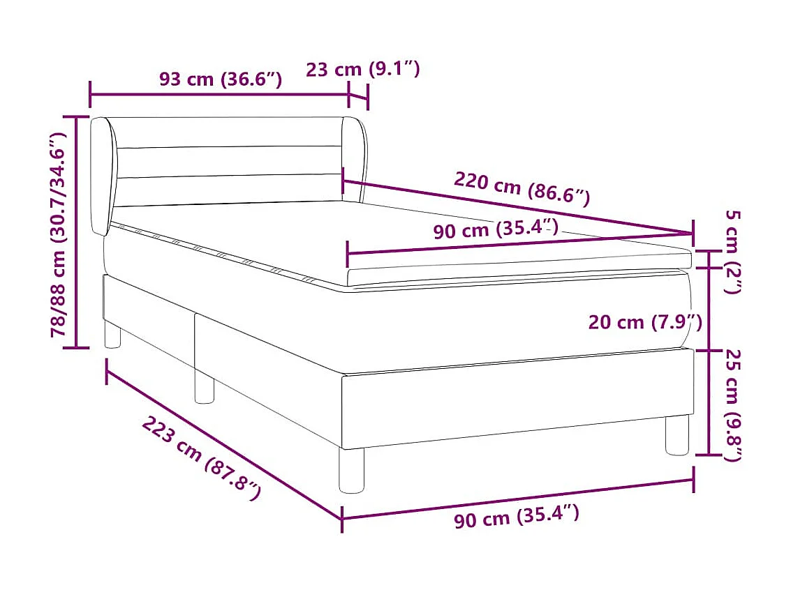Cama com molas/colchão 90x220 cm veludo preto