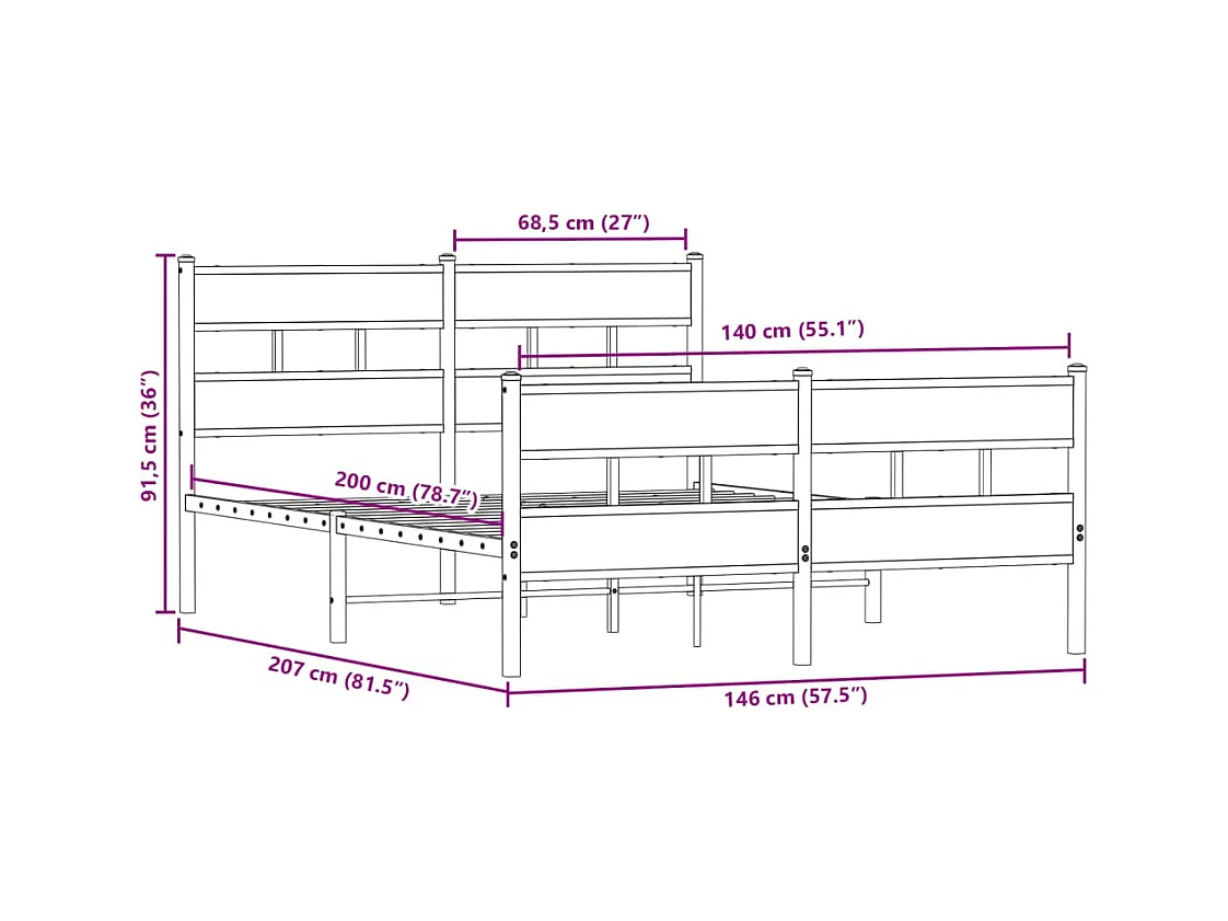 Cadre de lit en métal sans matelas chêne fumé 140x200 cm