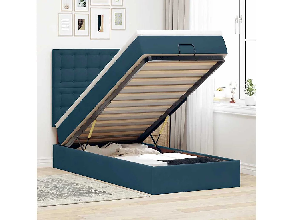 Cadre de lit ottoman avec matelas bleu foncé 100x200 cm velours