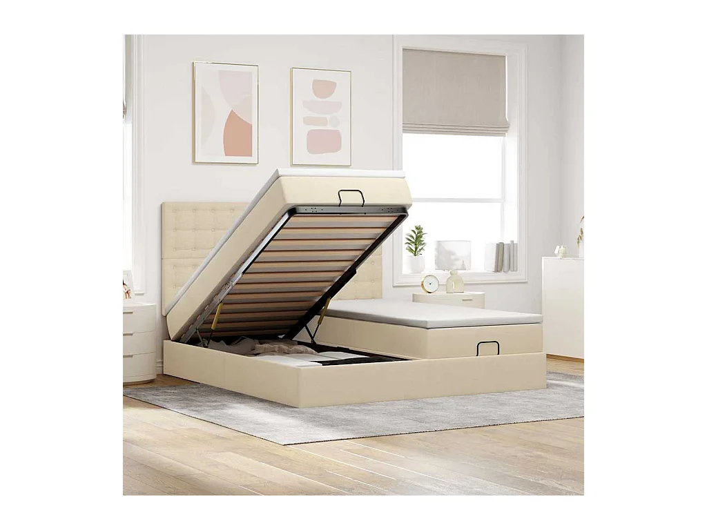 Cadre de lit ottoman avec matelas crème 160x200 cm tissu