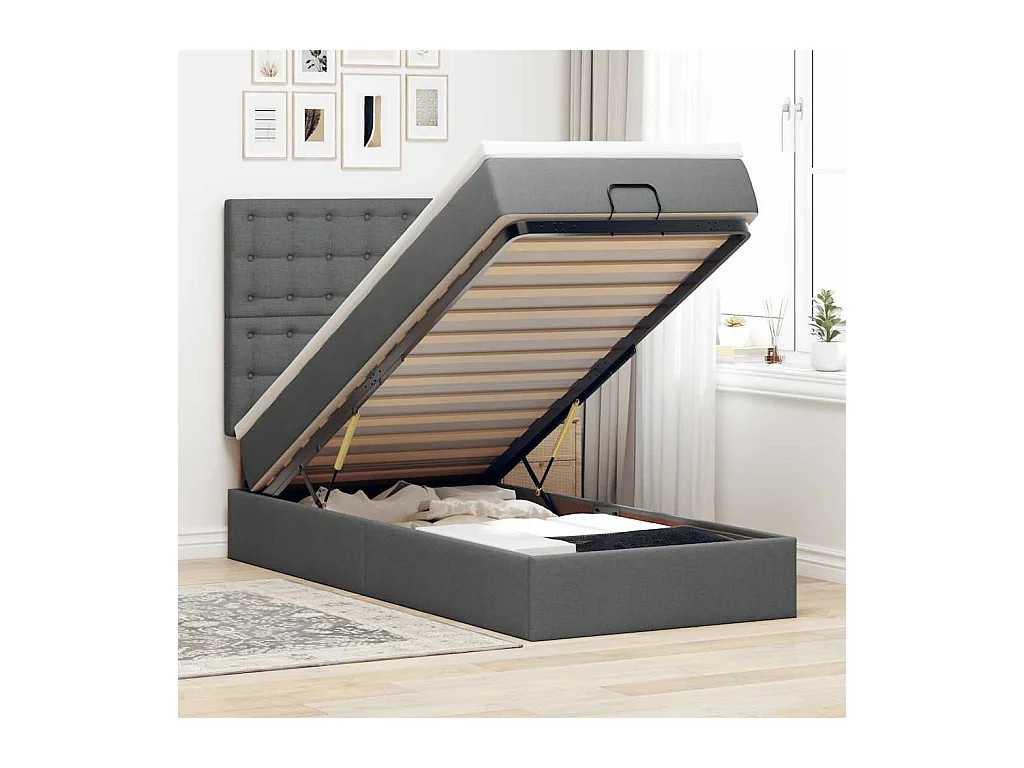 Cama otomana com colchão 90x200 cm tecido cinzento escuro