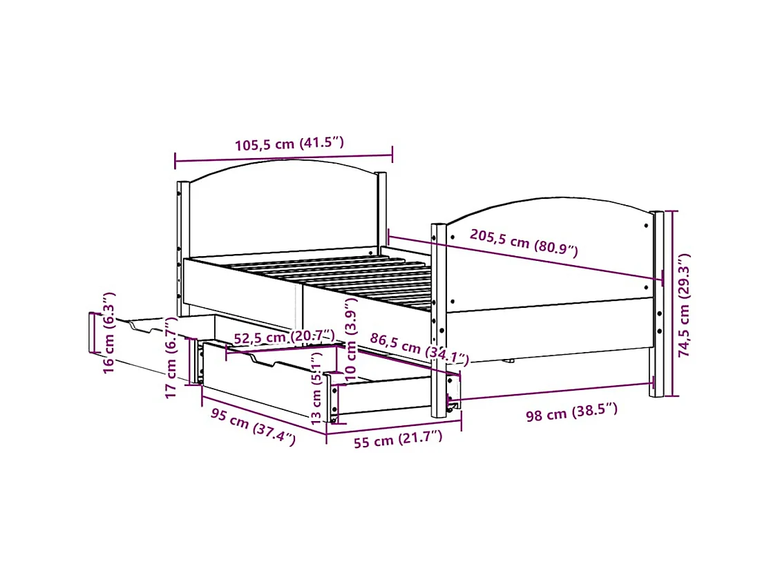 Giroletto senza Materasso 100x200 cm in Legno Massello di Pino