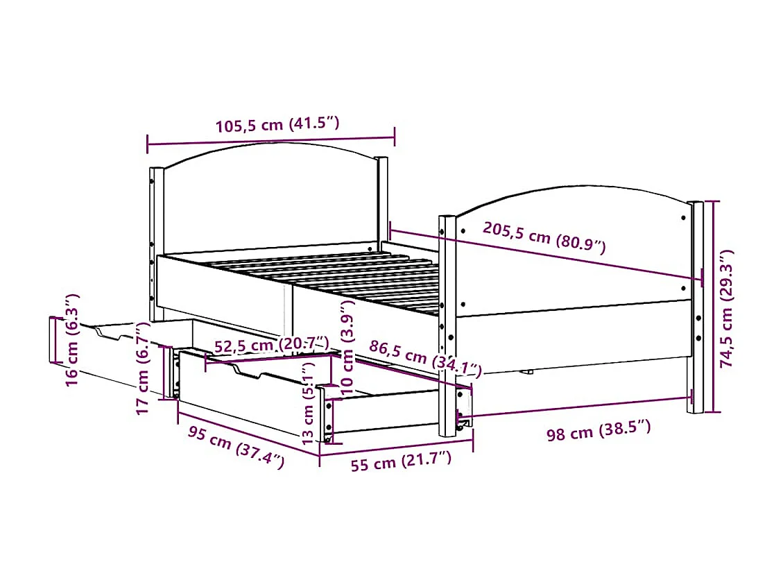 Cadre de lit sans matelas 100x200 cm bois massif de pin