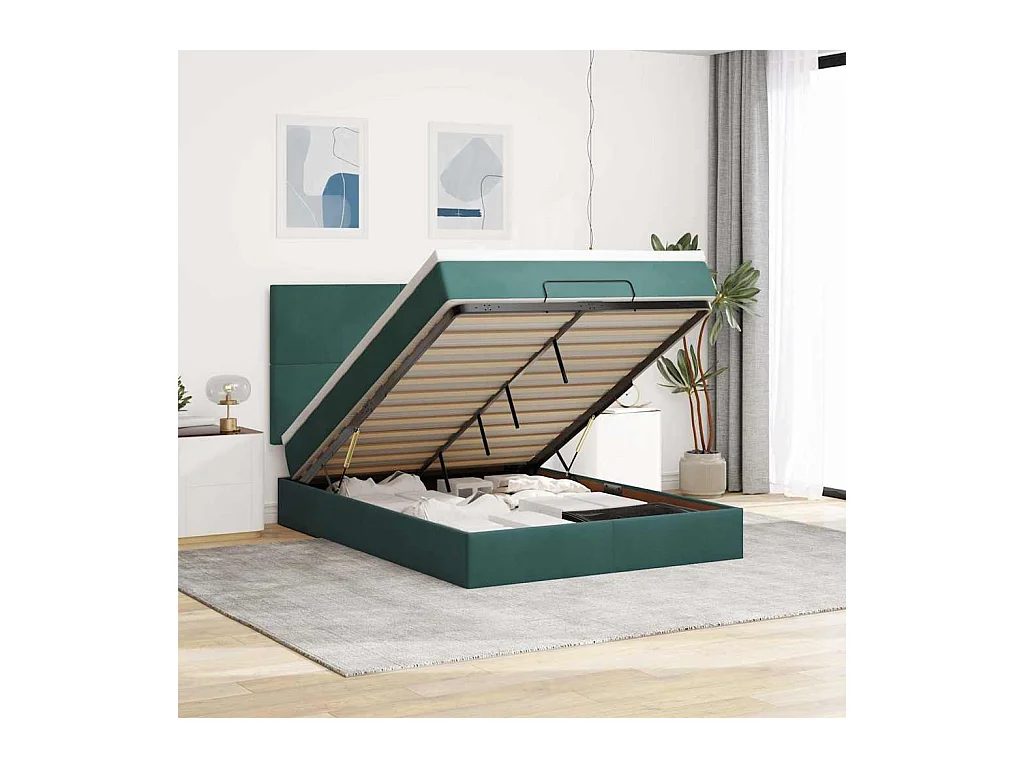 Cadre de lit ottoman avec matelas vert foncé 140x200 cm velours