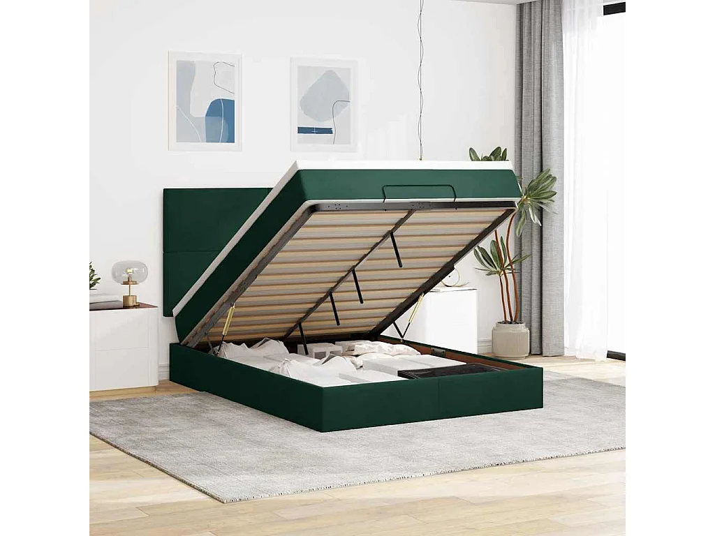 Ottoman-Bett mit Matratzen & LEDs Dunkelgrün 140x200 cm Samt