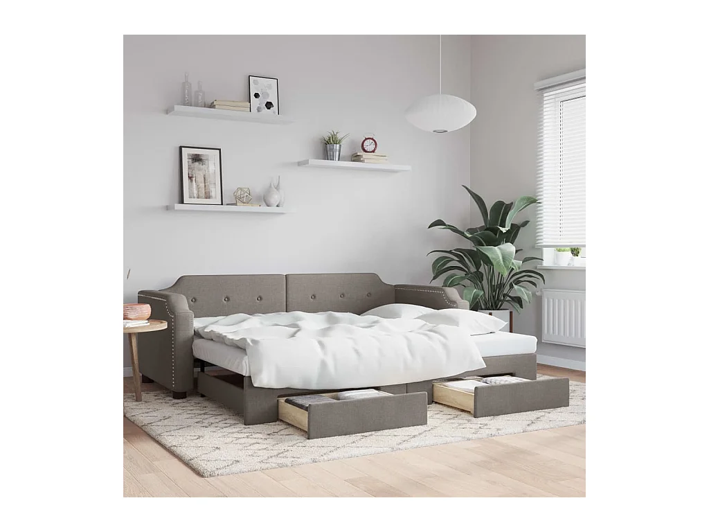 Lit de jour avec gigogne et tiroirs sans matelas taupe 90x200cm