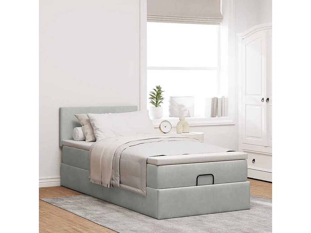Estructura cama otomana colchón terciopelo gris claro 90x200cm