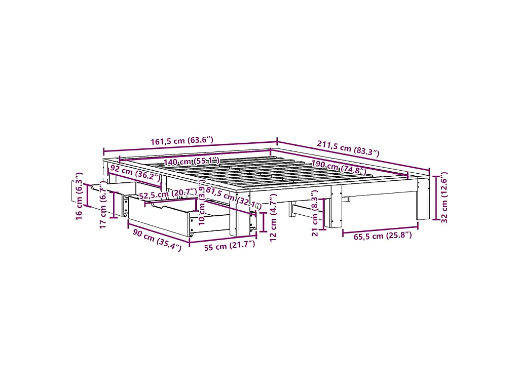 Cadre de lit sans matelas blanc 140x190 cm bois de pin massif