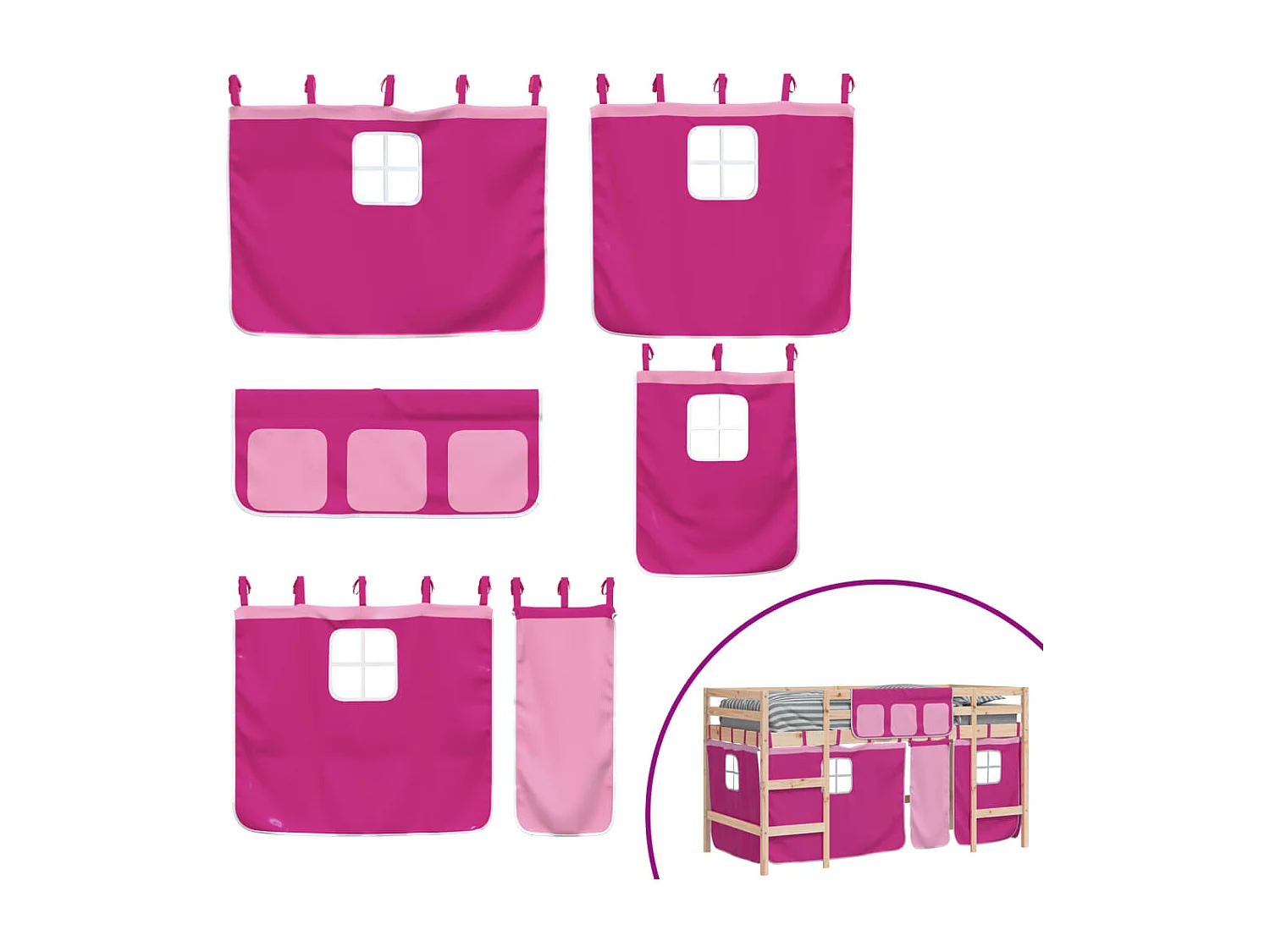 Letto a Soppalco con Tende Bambini Rosa 90x200 cm Massello Pino