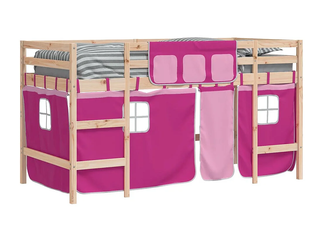 Lit mezzanine enfants avec rideaux sans matelas rose 90x200cm