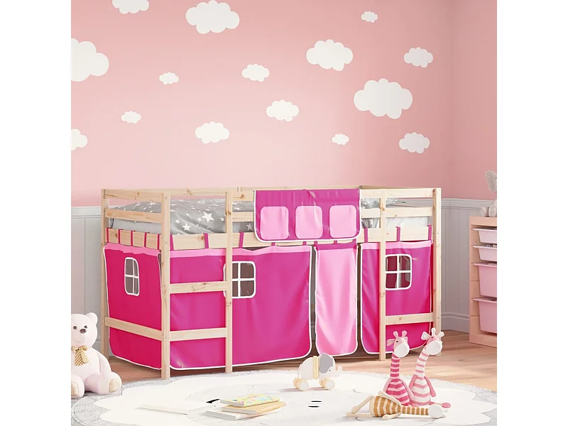 Letto a Soppalco con Tende Bambini Rosa 90x200 cm Massello Pino
