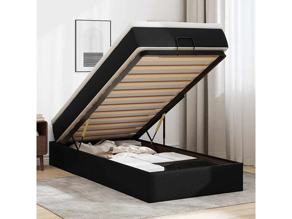 Estrutura de cama otomana com colchão preto couro falso