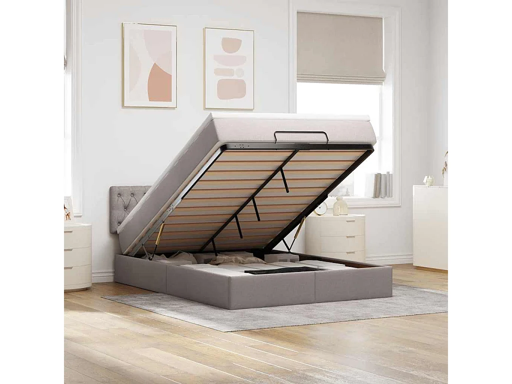 Lit ottoman avec matelas et LED taupe 140x200 cm tissu