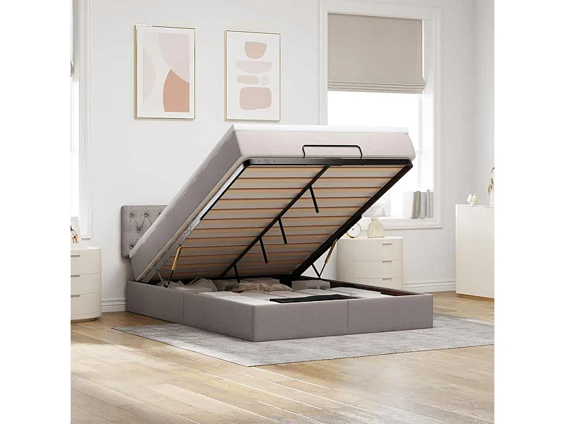 Pouf Letto con Materasso e LED Tortora 140x200 cm in Tessuto