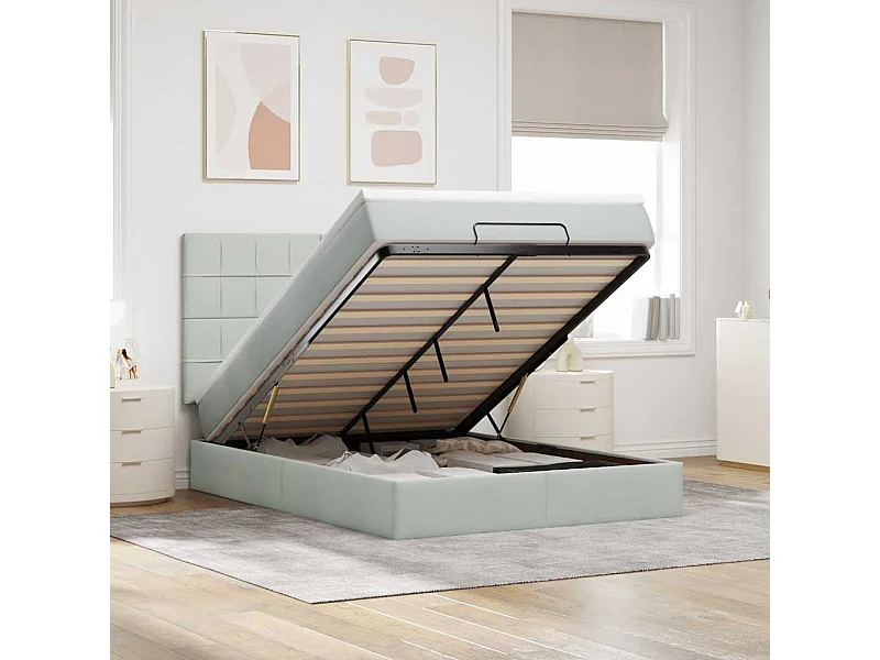 Cadre de lit ottoman et matelas gris clair 140x190 velours