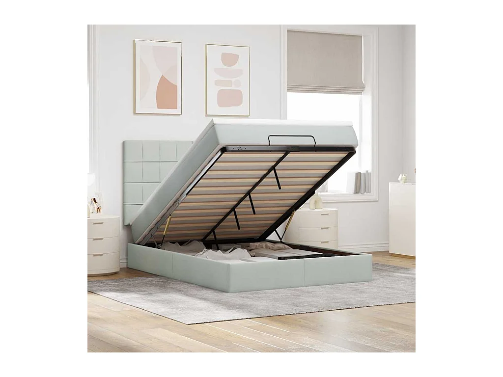 Cadre de lit ottoman et matelas gris clair 140x190 velours