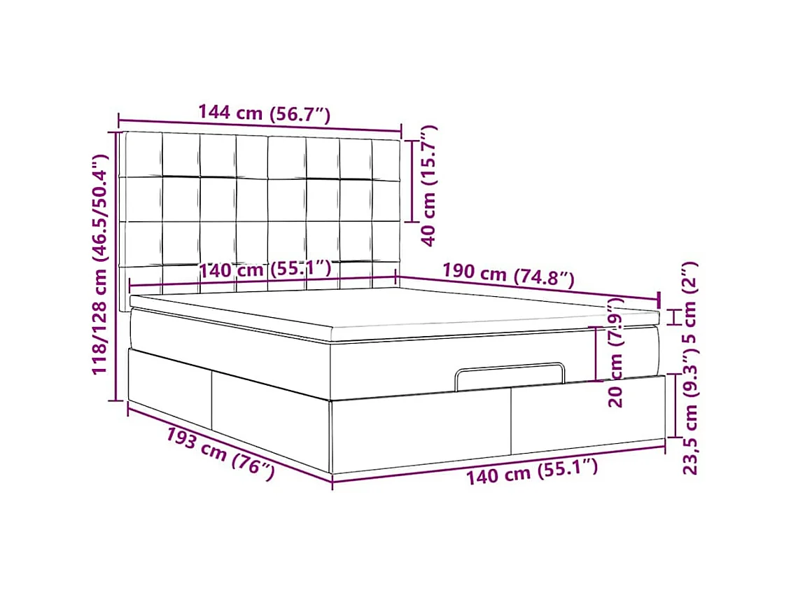 Cadre de lit ottoman et matelas gris clair 140x190 velours