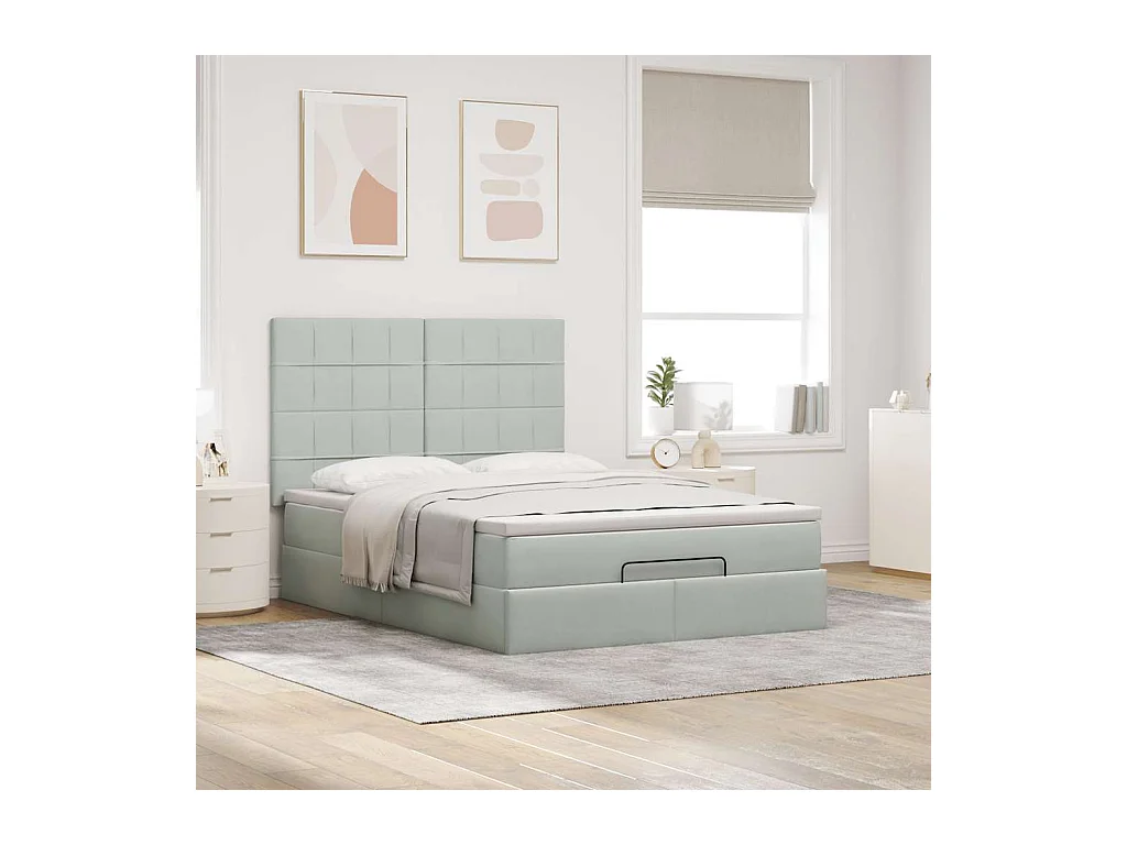 Cadre de lit ottoman et matelas gris clair 140x190 velours