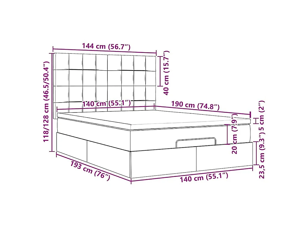 Ottoman-Bett mit Matratzen & LEDs Hellgrau 140x190 cm Samt