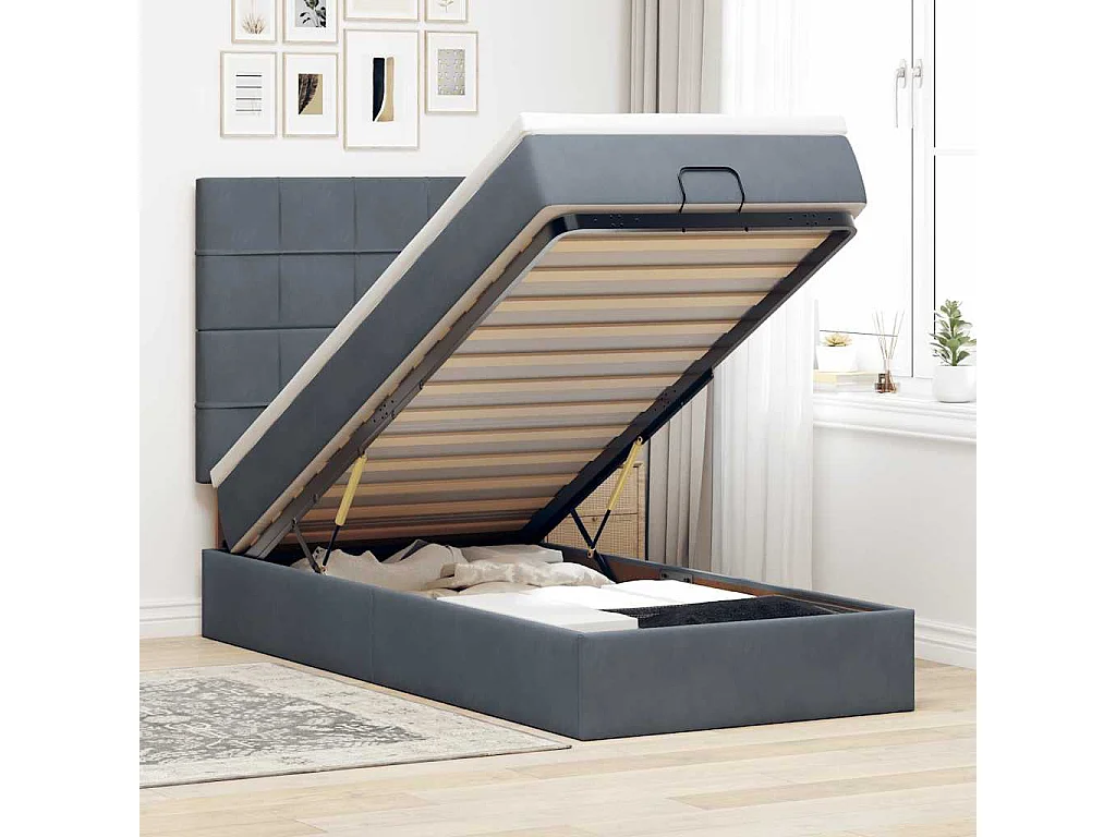 Estructura cama otomana colchones terciopelo gris oscuro