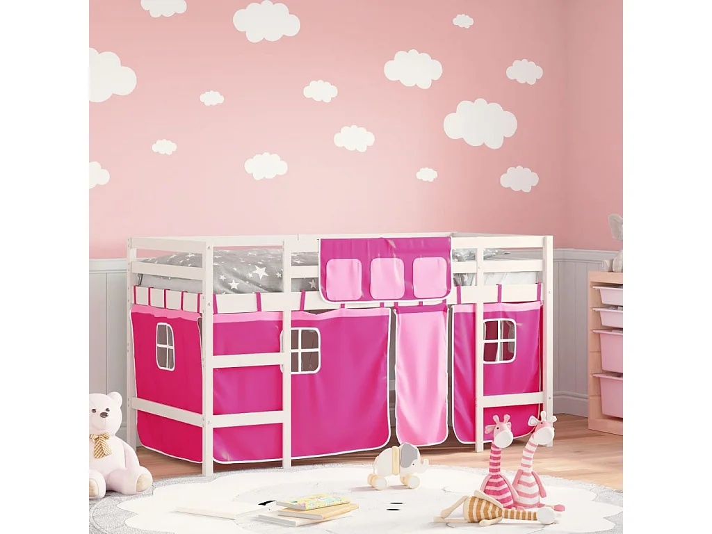 Cama alta p/ criança c/ cortinas 90x190 cm pinho maciço rosa