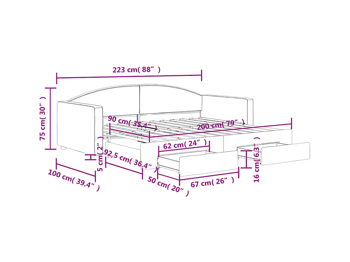 Lit de jour avec gigogne et tiroirs sans matelas taupe 90x200cm