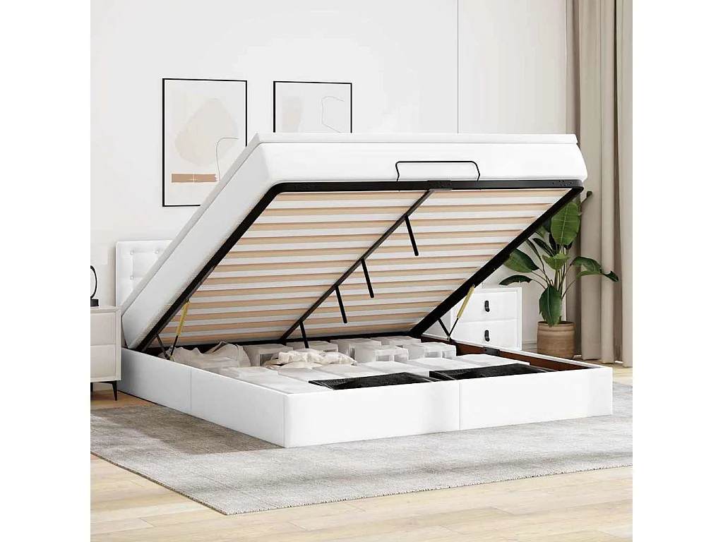 Ottoman-Bett mit Matratzen & LEDs Reinweiß 180x200cm Kunstleder